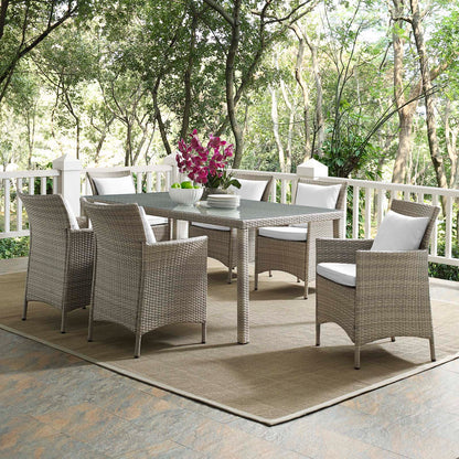 Conduit 7 Piece Outdoor Patio Wicker Rattan Dining Set, Rattan, Wicker, Light Grey Gray White, 19005