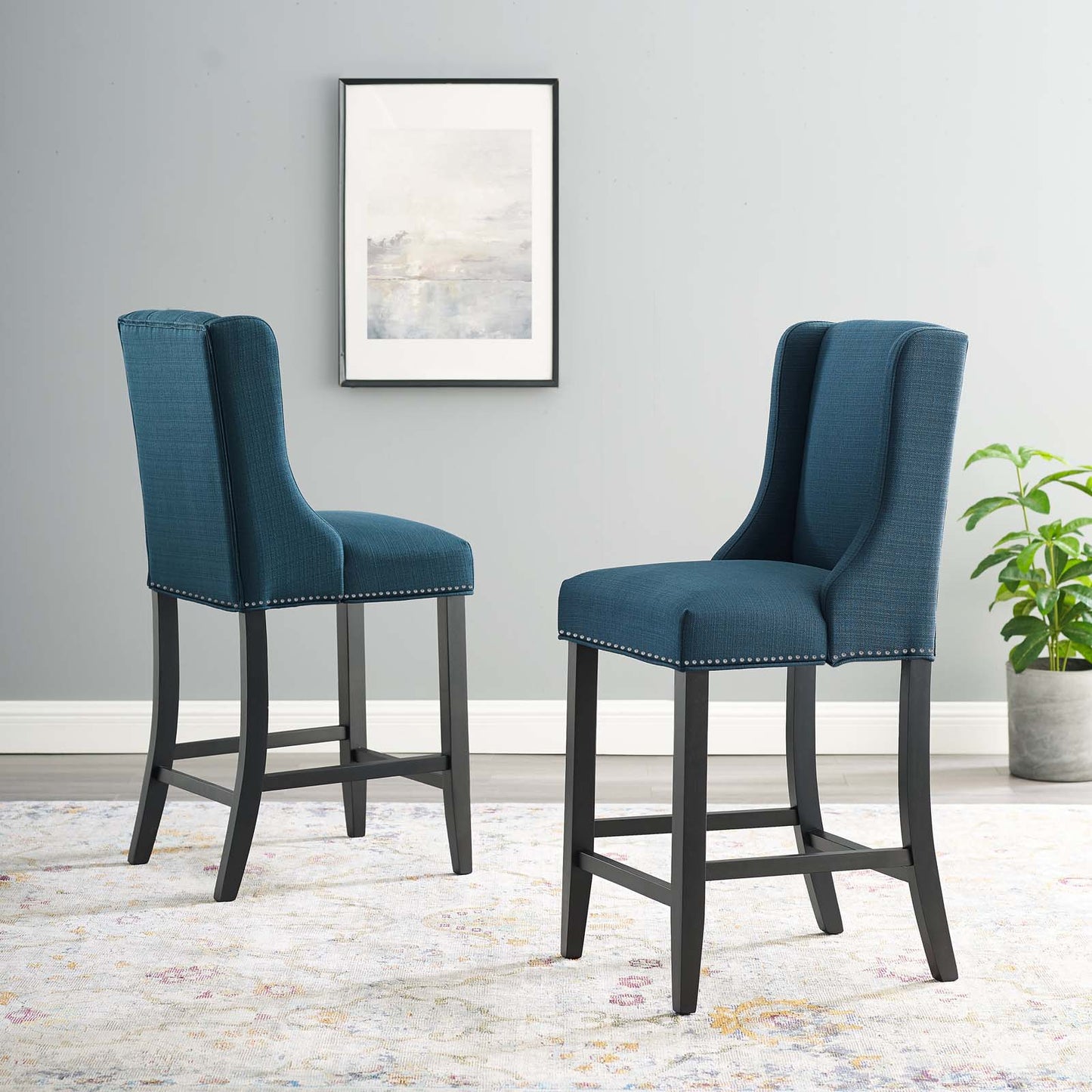 Baron Counter Stool Upholstered Fabric Set of 2, Fabric, Wood, Navy Blue, 19006