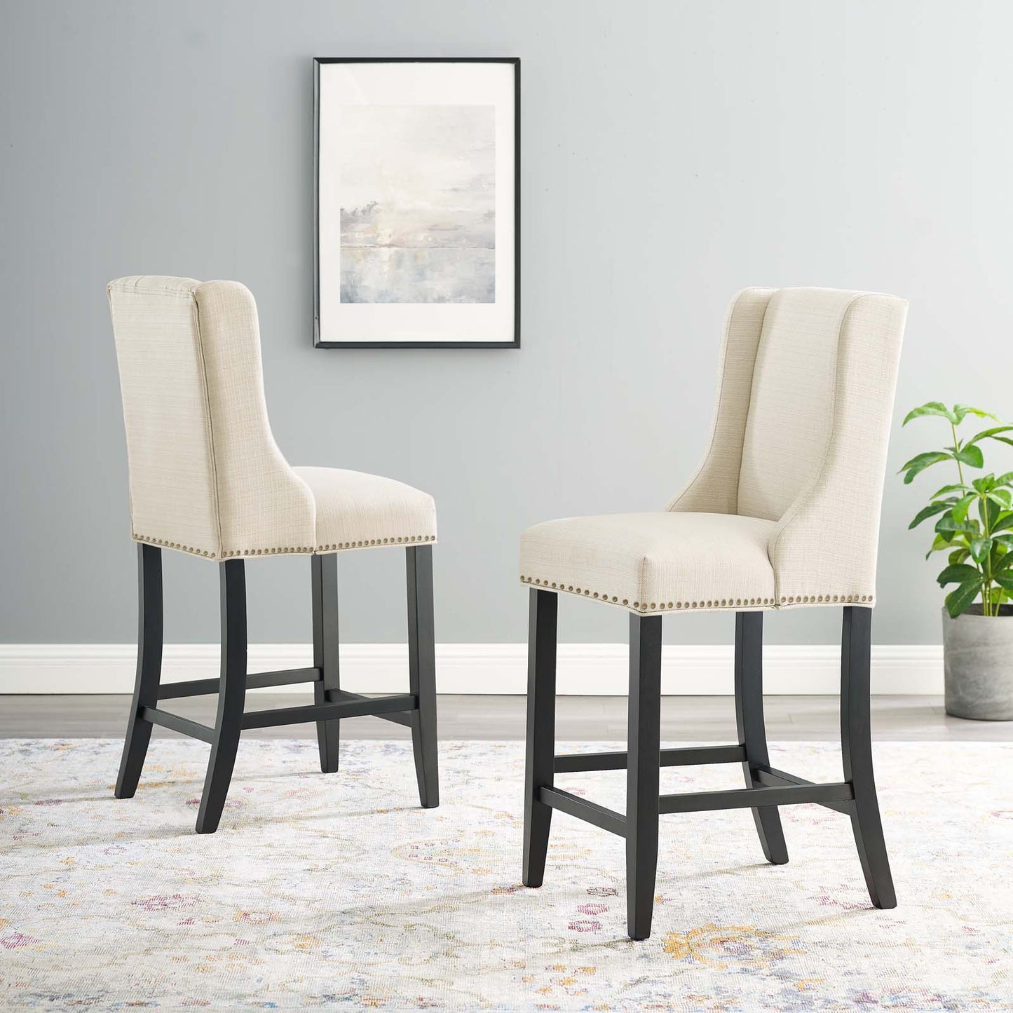 Baron Counter Stool Upholstered Fabric Set of 2, Fabric, Wood, Beige, 19007