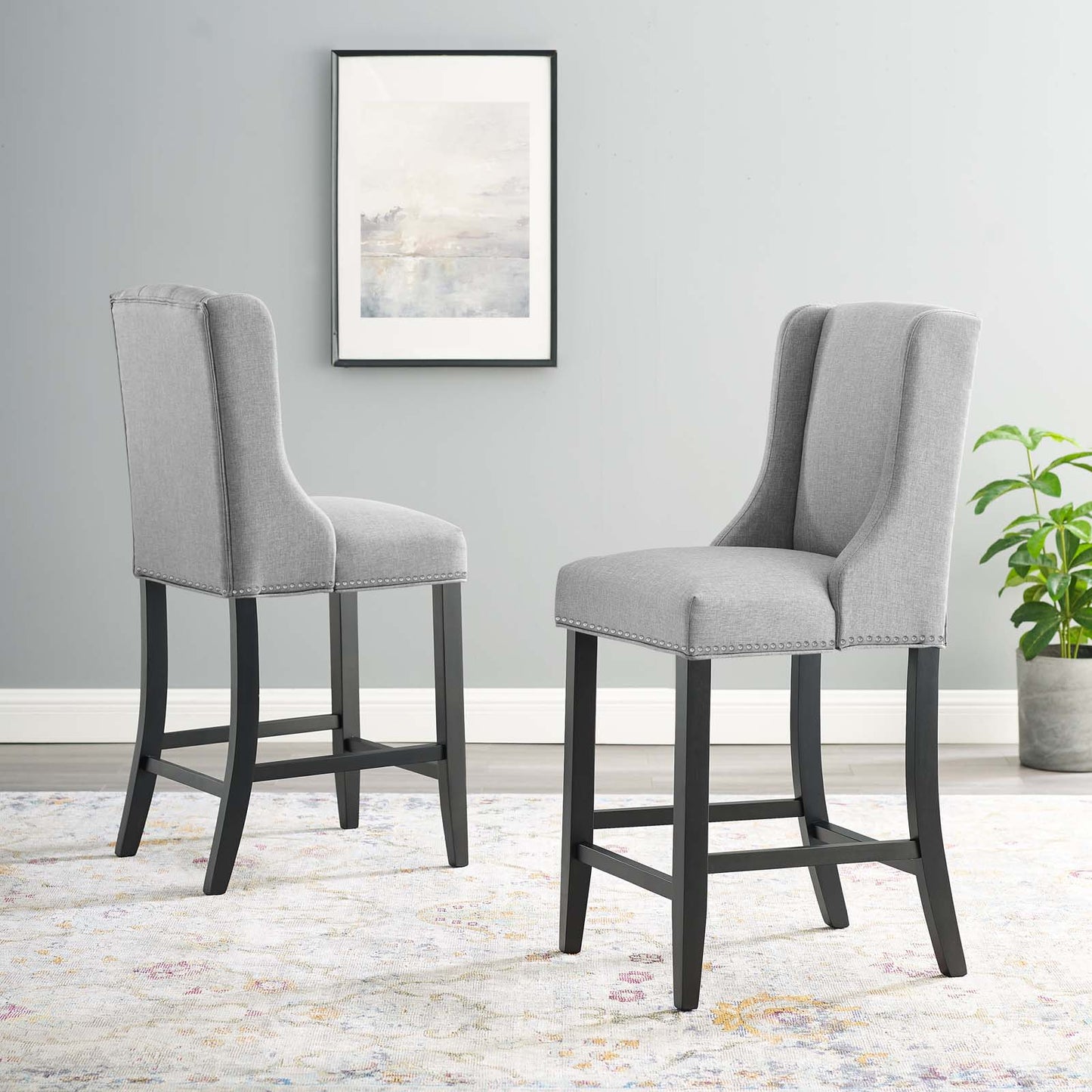 Baron Counter Stool Upholstered Fabric Set of 2, Fabric, Wood, Light Grey Gray, 19009
