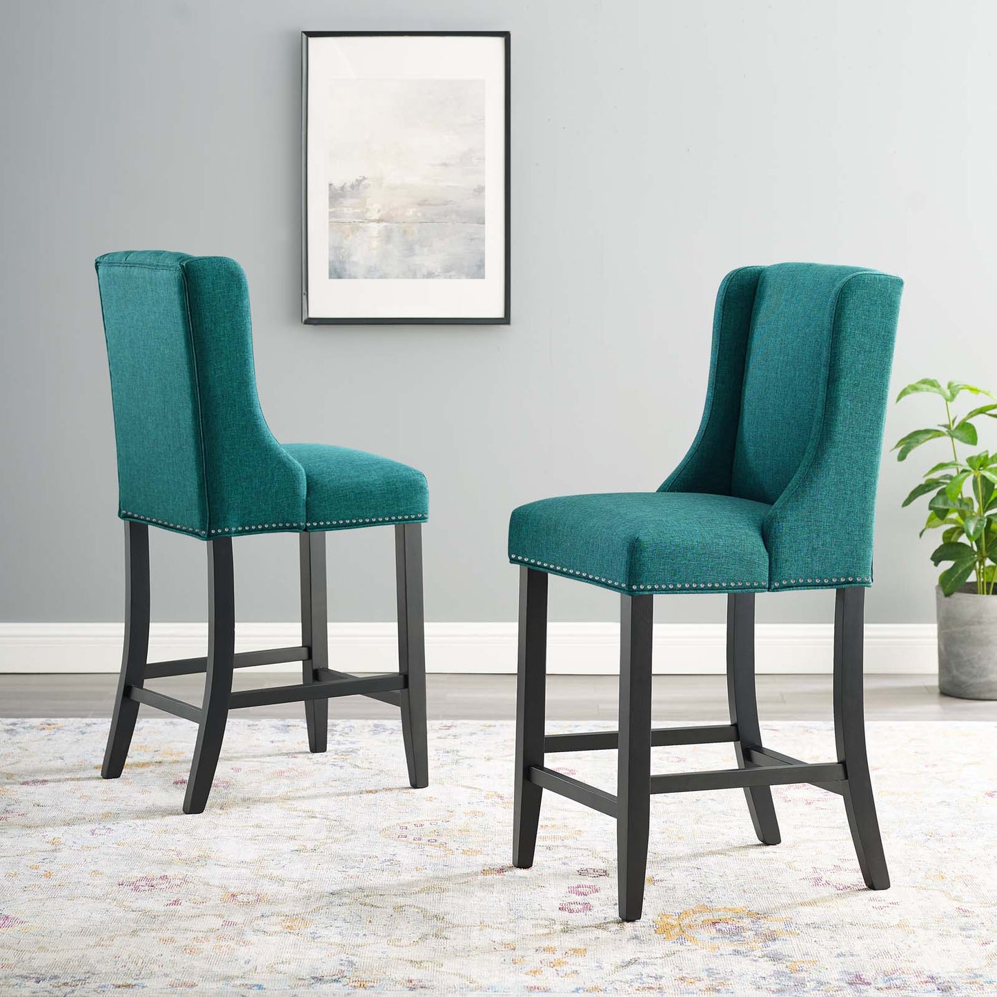 Baron Counter Stool Upholstered Fabric Set of 2, Fabric, Wood, Teal Blue, 19010