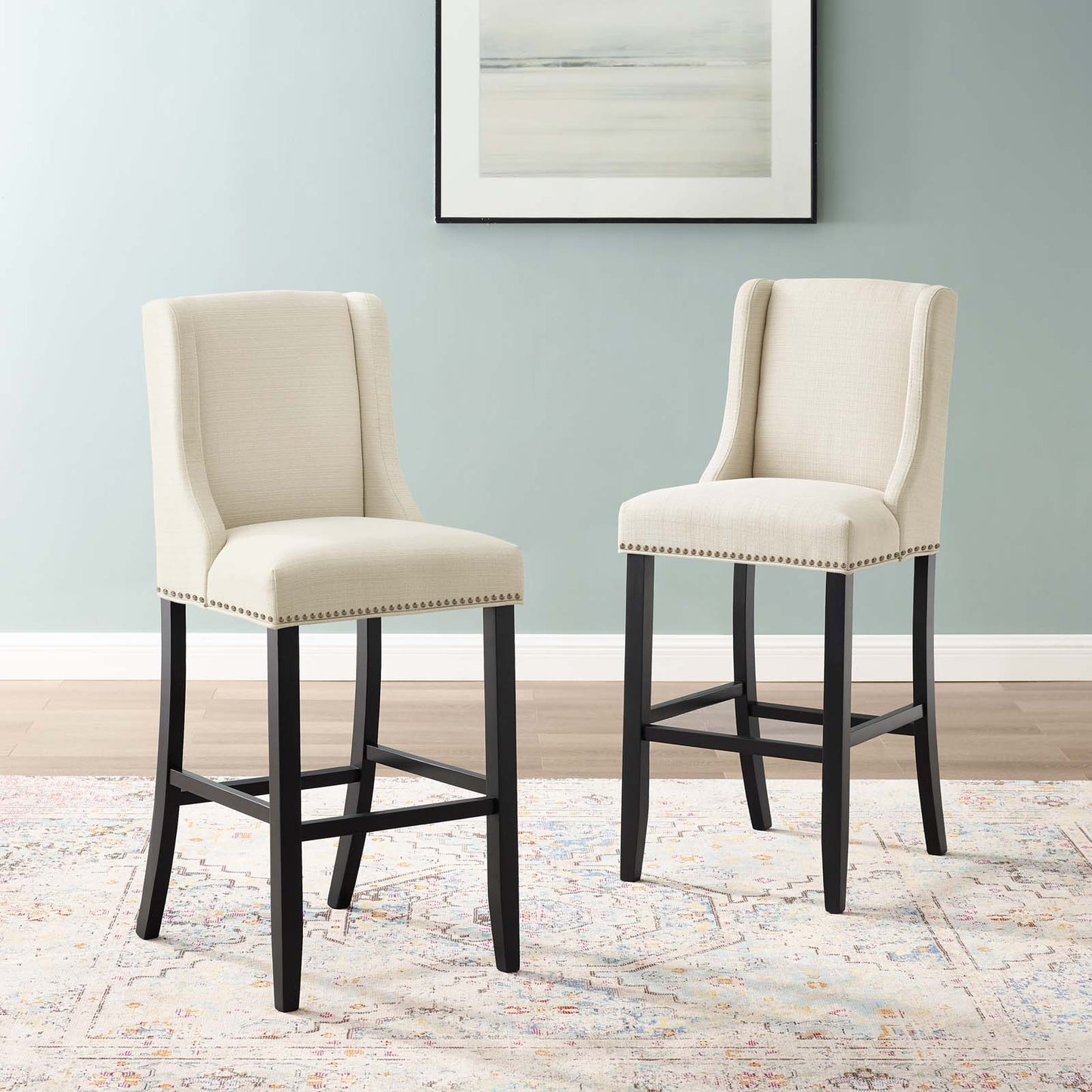 Baron Bar Stool Upholstered Fabric Set of 2, Fabric, Wood, Beige, 19013