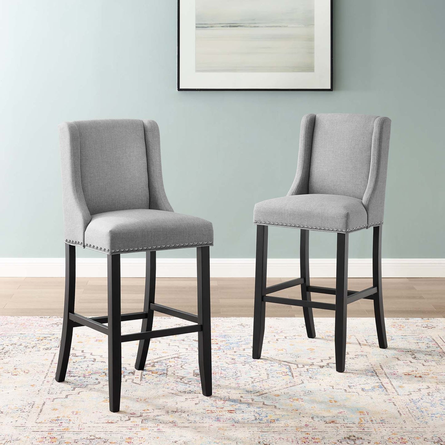 Baron Bar Stool Upholstered Fabric Set of 2, Fabric, Wood, Light Grey Gray, 19014