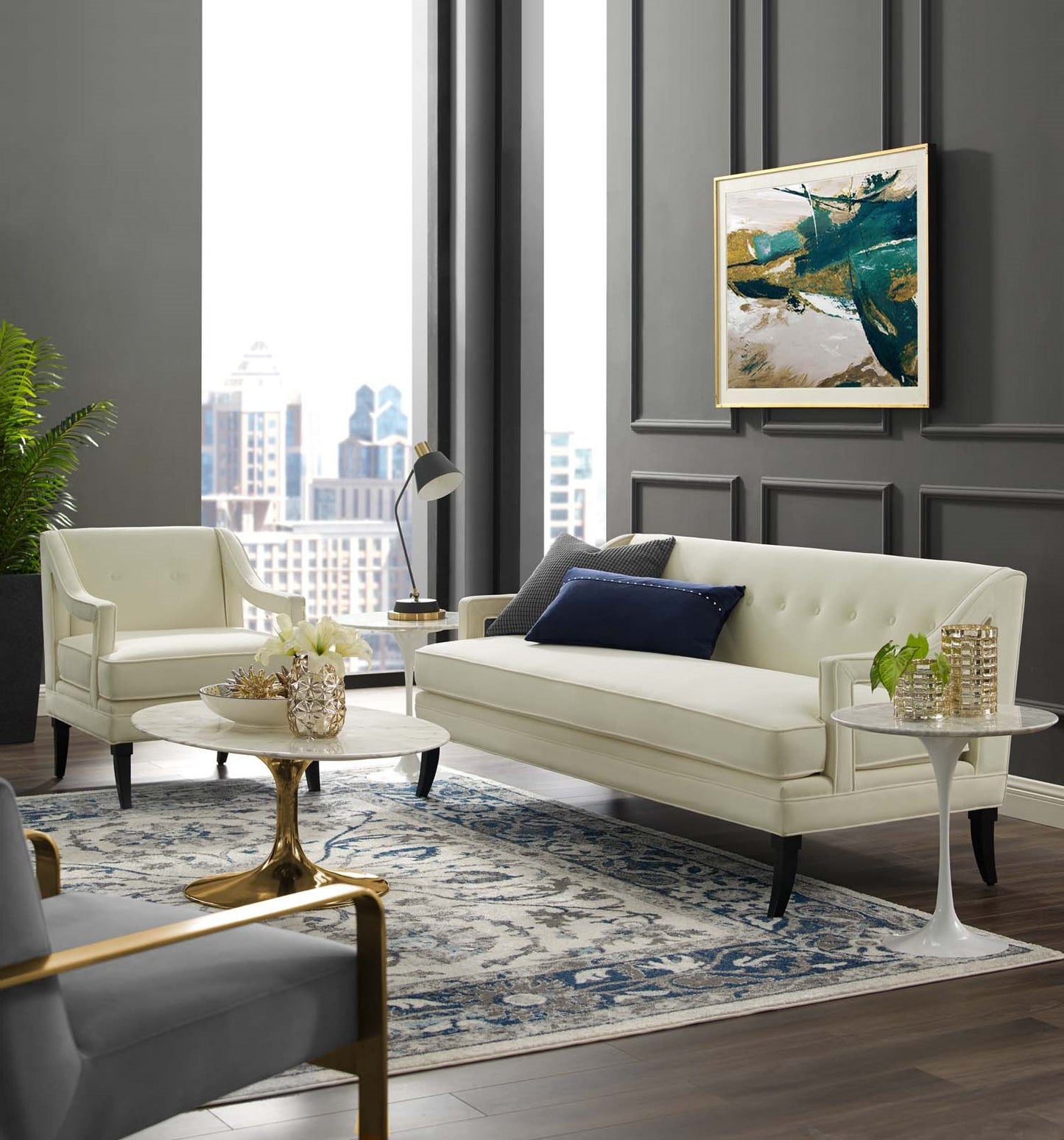 Concur Living Room Set Performance Velvet Set of 2, Velvet, Ivory White, 19032