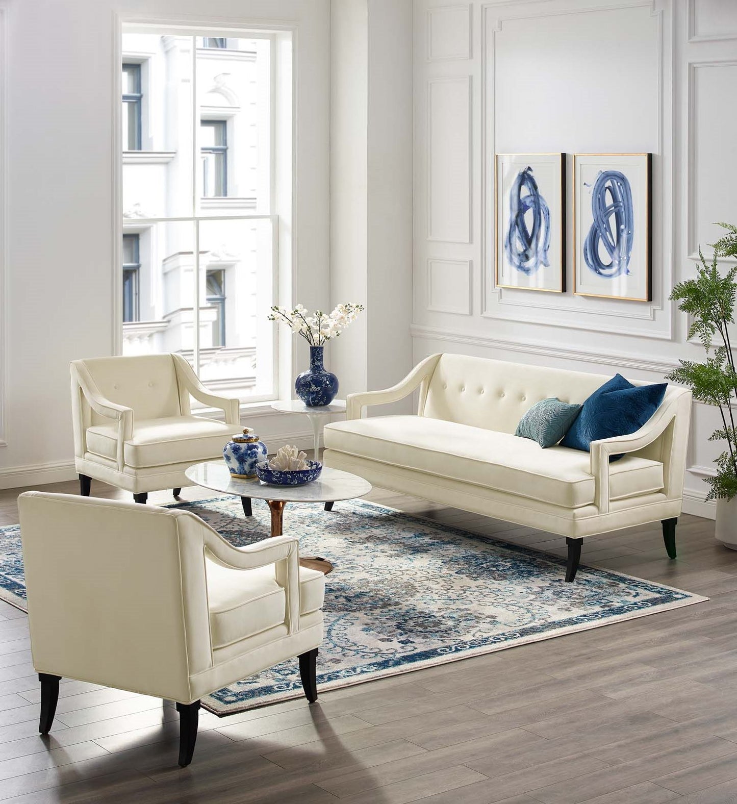 Concur Living Room Set Performance Velvet Set of 3, Velvet, Ivory White, 19038