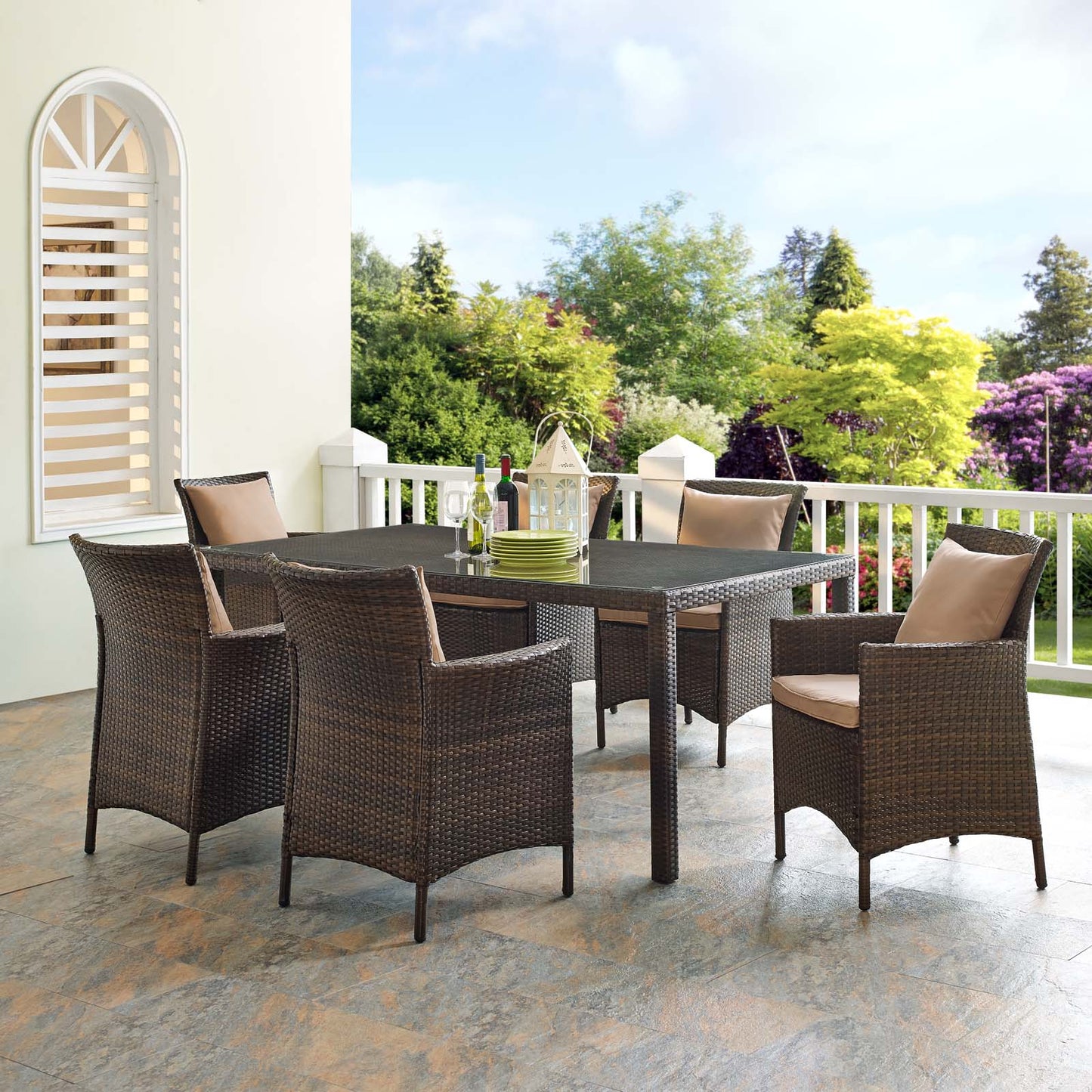 Conduit 7 Piece Outdoor Patio Wicker Rattan Dining Set, Rattan, Wicker, Brown Brown, 19099