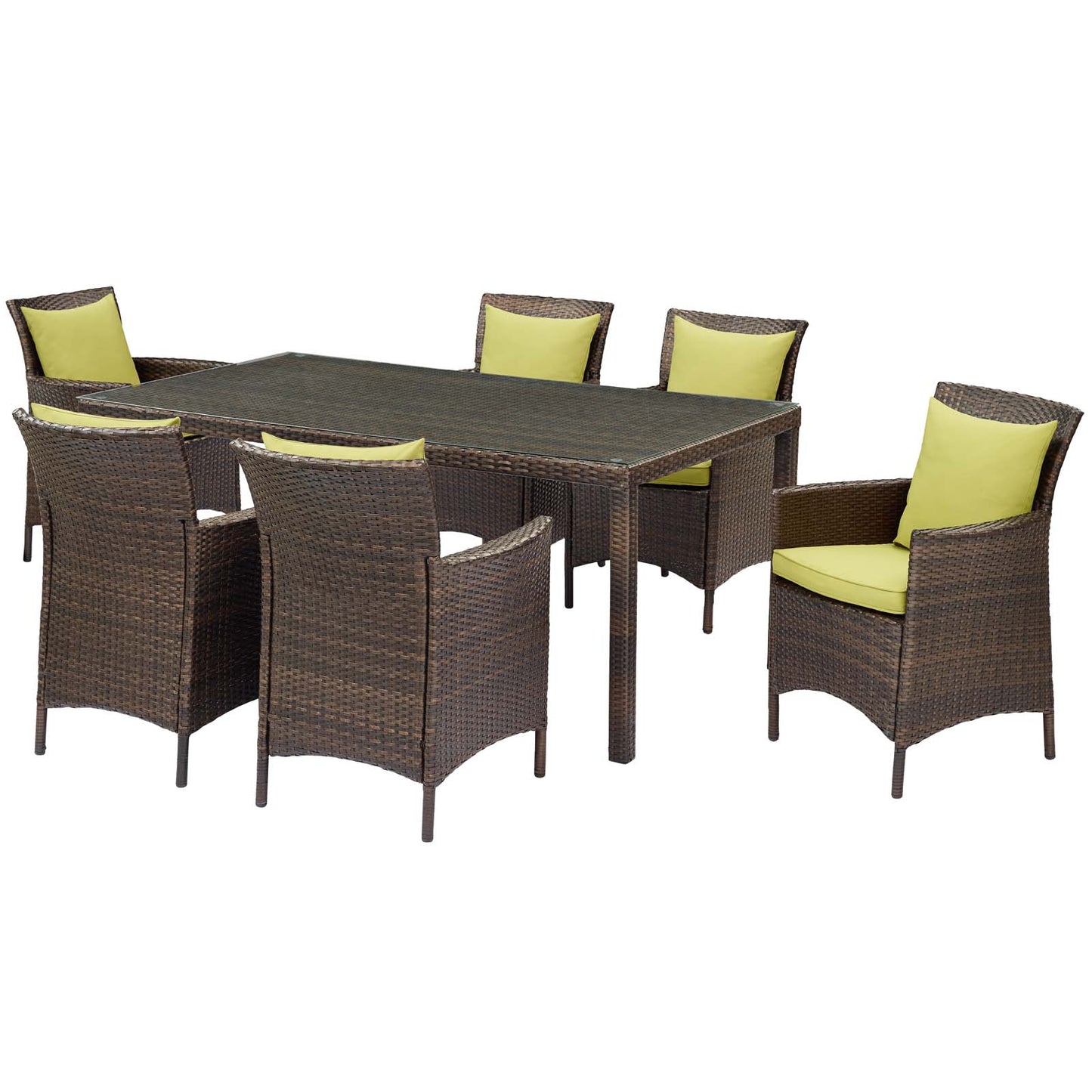 Conduit 7 Piece Outdoor Patio Wicker Rattan Dining Set, Rattan, Wicker, Brown Green, 19102