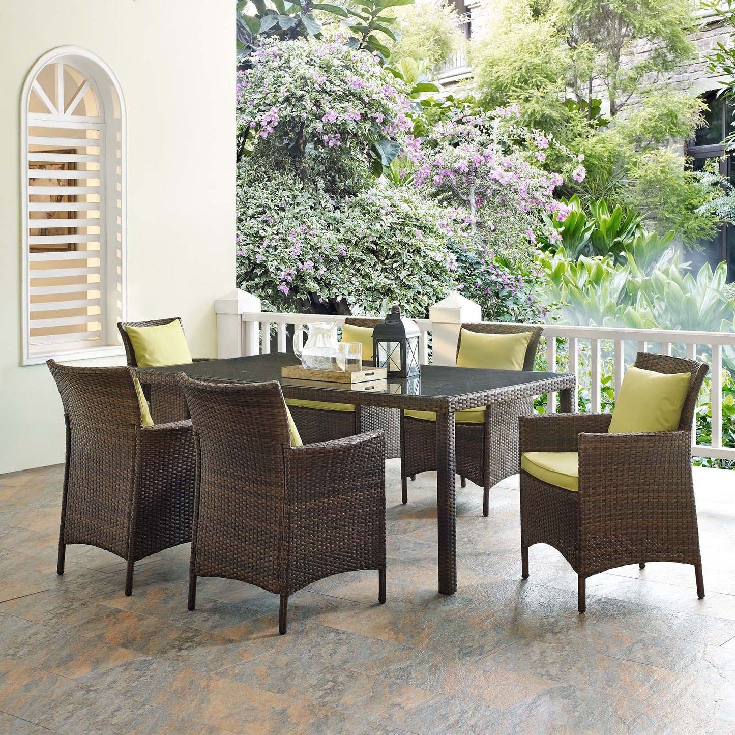 Conduit 7 Piece Outdoor Patio Wicker Rattan Dining Set, Rattan, Wicker, Brown Green, 19102