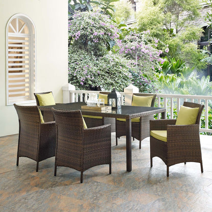 Conduit 7 Piece Outdoor Patio Wicker Rattan Dining Set, Rattan, Wicker, Brown Green, 19102