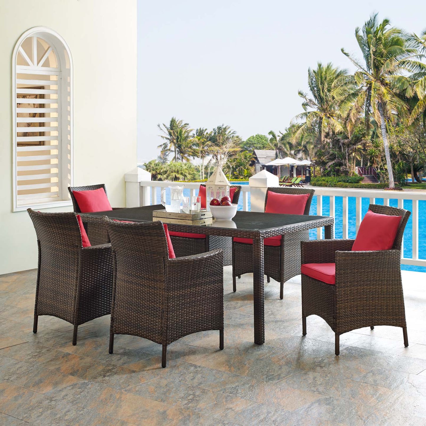 Conduit 7 Piece Outdoor Patio Wicker Rattan Dining Set, Rattan, Wicker, Brown Red, 19103