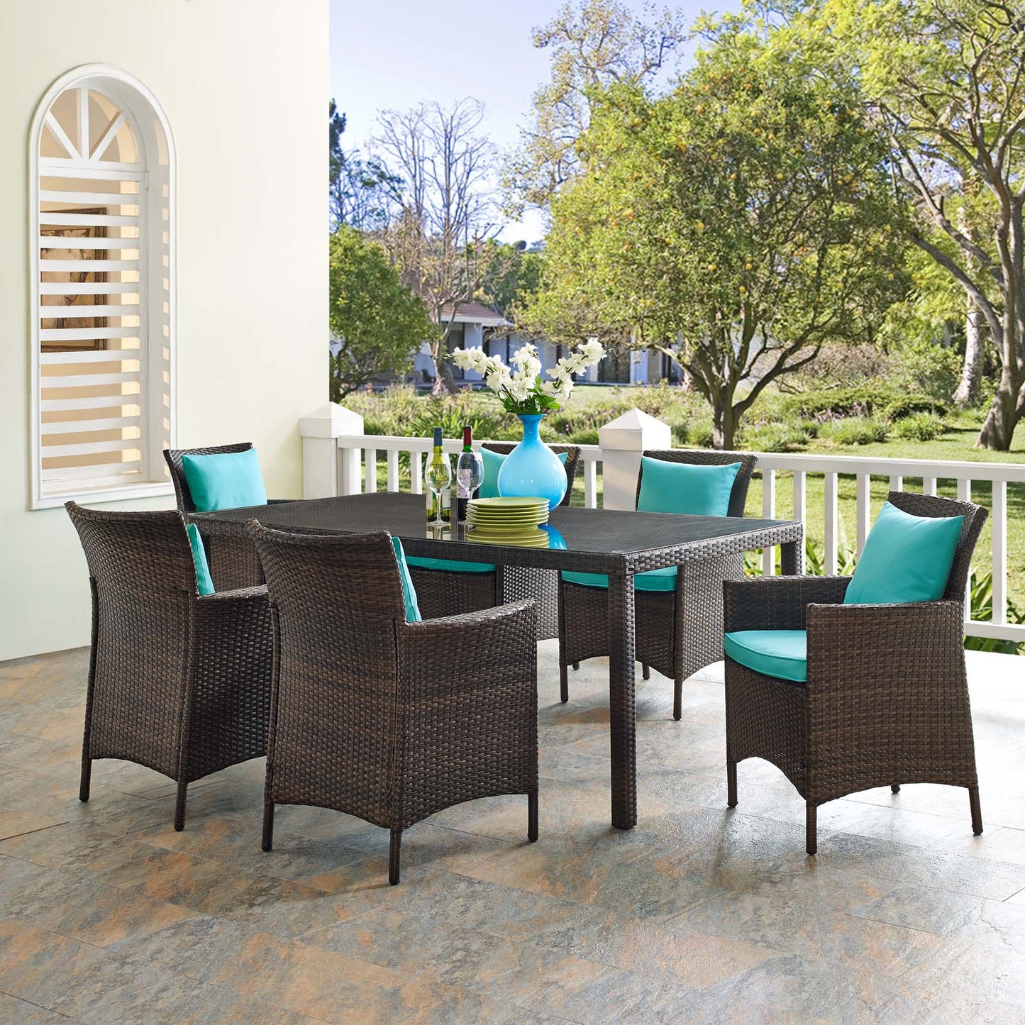 Conduit 7 Piece Outdoor Patio Wicker Rattan Dining Set, Rattan, Wicker, Brown Blue, 19104