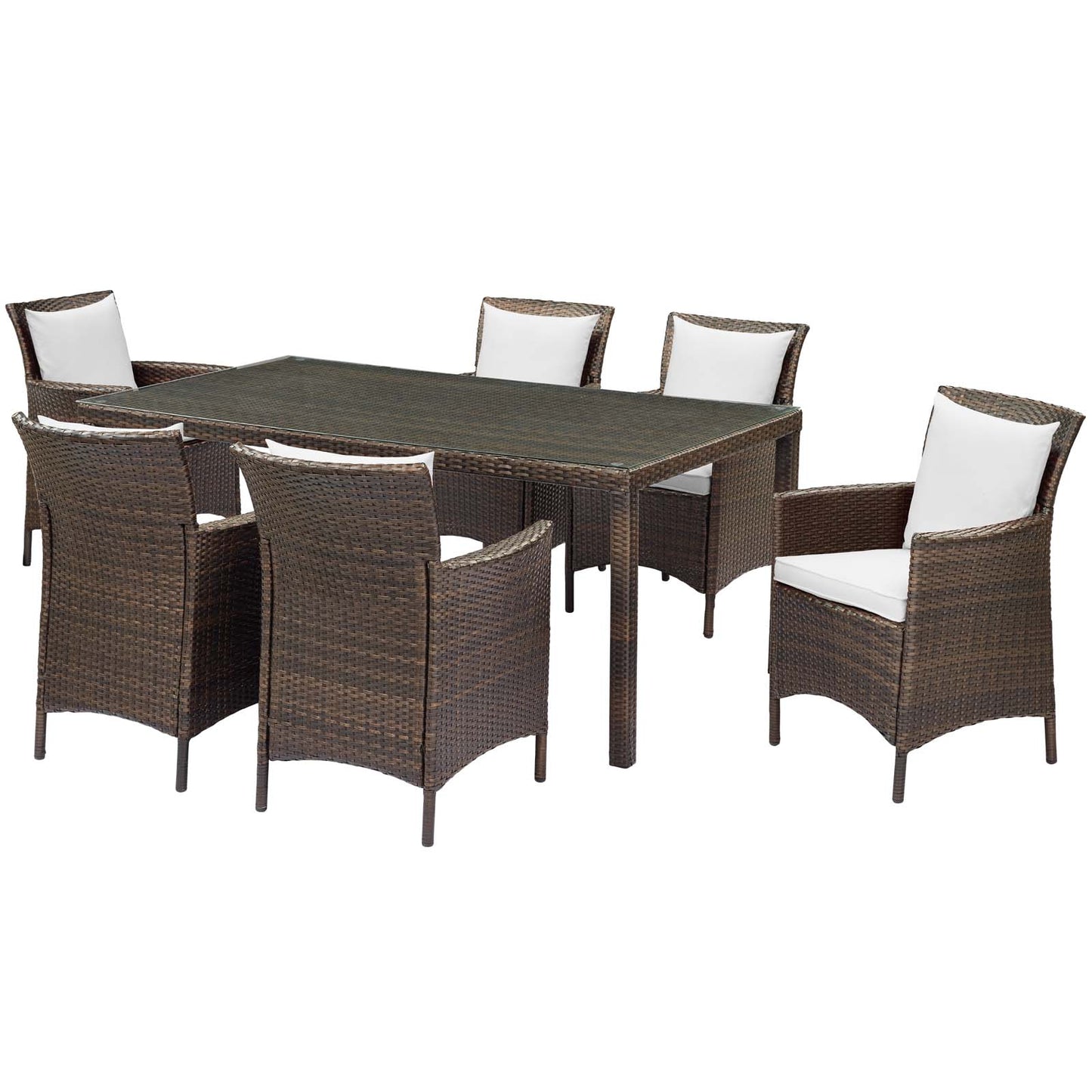 Conduit 7 Piece Outdoor Patio Wicker Rattan Dining Set, Rattan, Wicker, Brown White, 19105