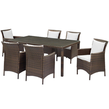 Conduit 7 Piece Outdoor Patio Wicker Rattan Dining Set, Rattan, Wicker, Brown White, 19105