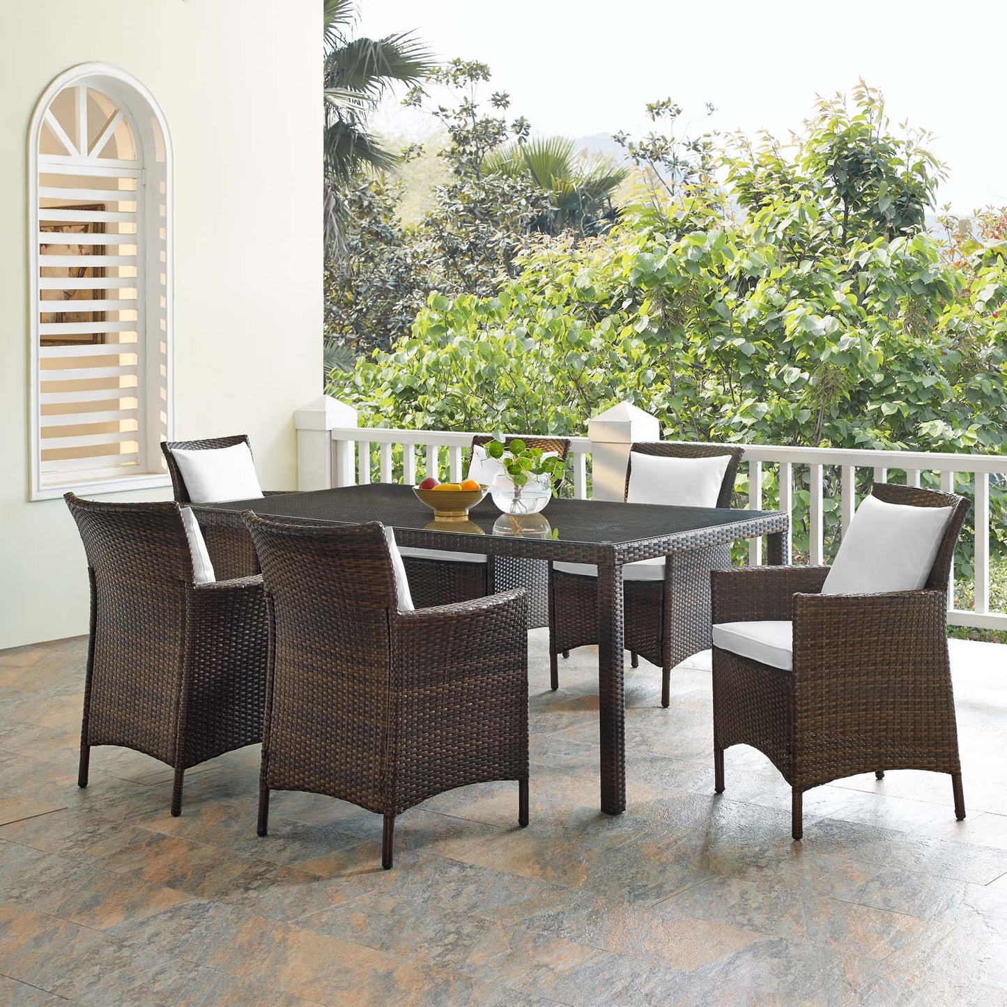 Conduit 7 Piece Outdoor Patio Wicker Rattan Dining Set, Rattan, Wicker, Brown White, 19105