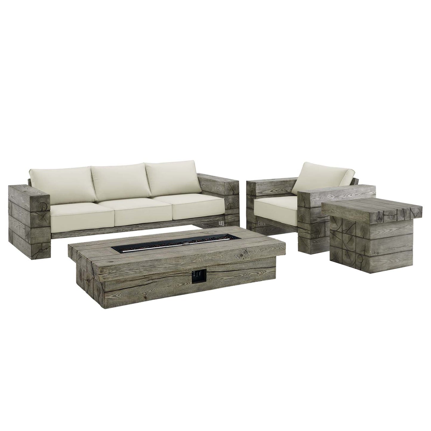 Manteo Rustic Coastal Outdoor Patio Sunbrella® 4 Piece Set, Simulated Wood, Light Grey Gray Beige, 19110