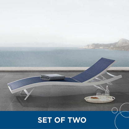 Glimpse Outdoor Patio Mesh Chaise Lounge Set of 2, Aluminum, Metal, Steel, White Blue Navy, 19112