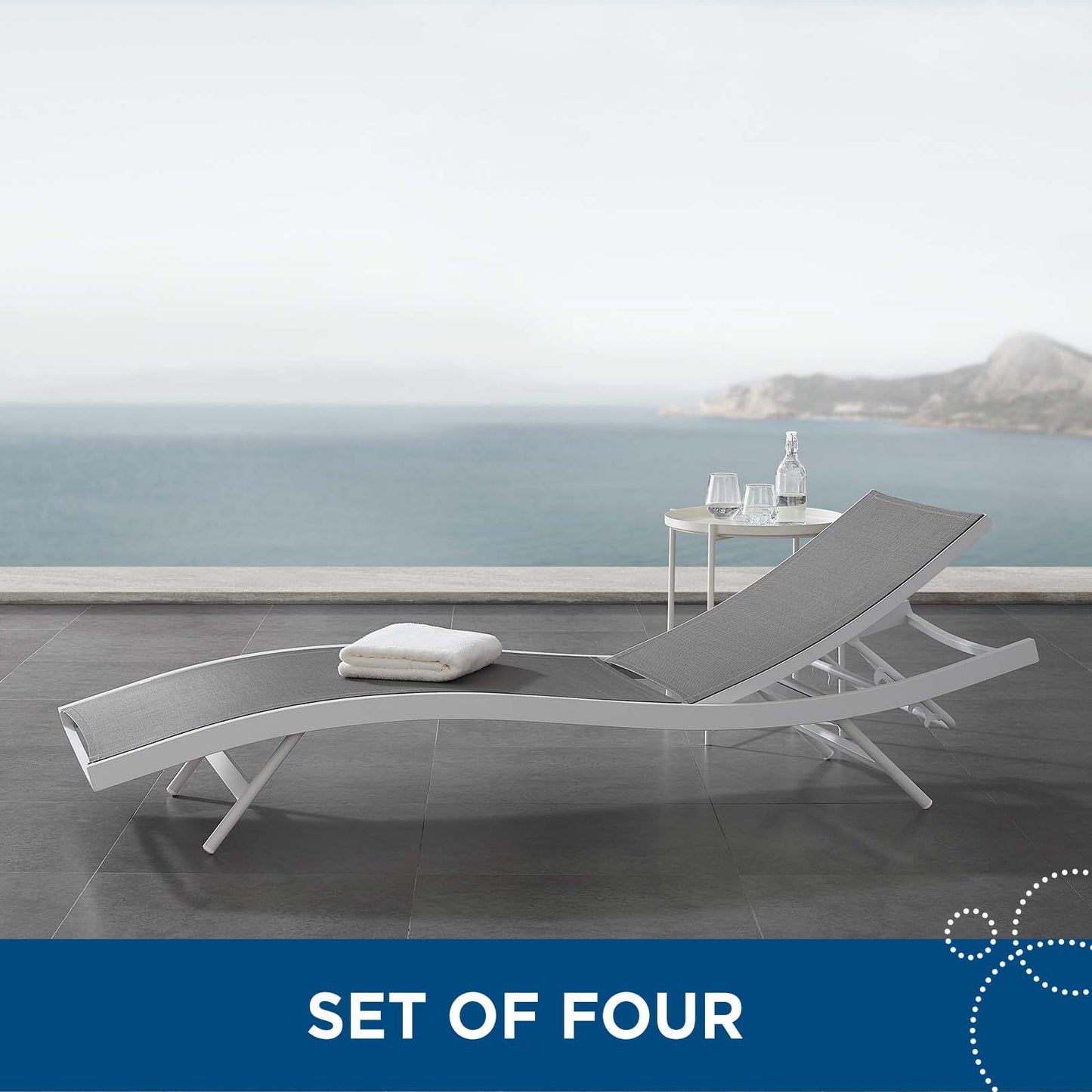 Glimpse Outdoor Patio Mesh Chaise Lounge Set of 4, Aluminum, Metal, Steel, White Grey Gray, 19114
