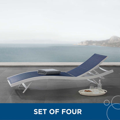 Glimpse Outdoor Patio Mesh Chaise Lounge Set of 4, Aluminum, Metal, Steel, White Blue Navy, 19115