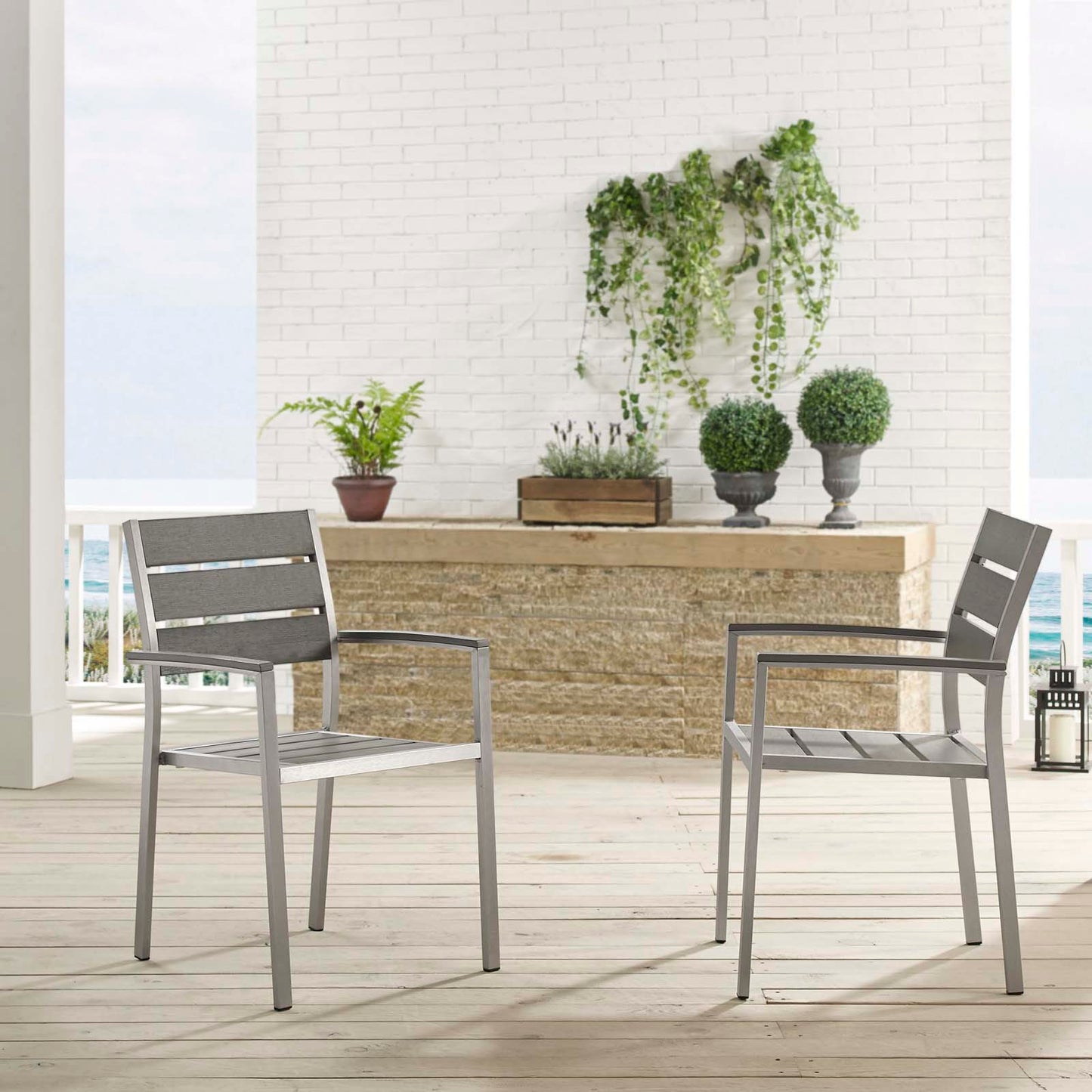 Shore Outdoor Patio Aluminum Dining Armchair Set of 2, Aluminum, Metal, Steel, Silver Grey Gray, 19118