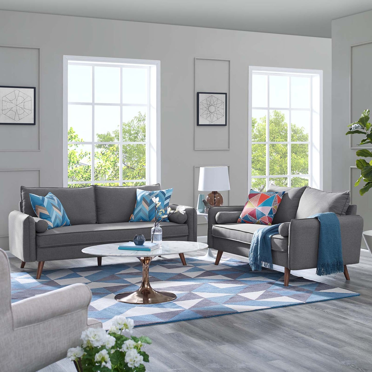 Revive Upholstered Fabric Sofa and Loveseat Set, Fabric, Light Grey Gray, 19136
