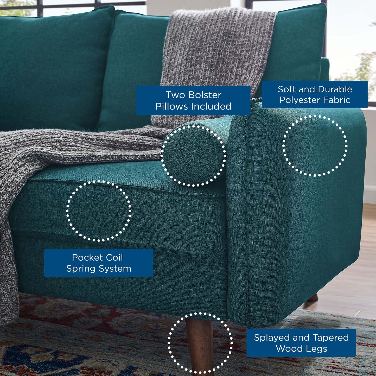 Revive Upholstered Fabric Sofa and Loveseat Set, Fabric, Teal Blue, 19137
