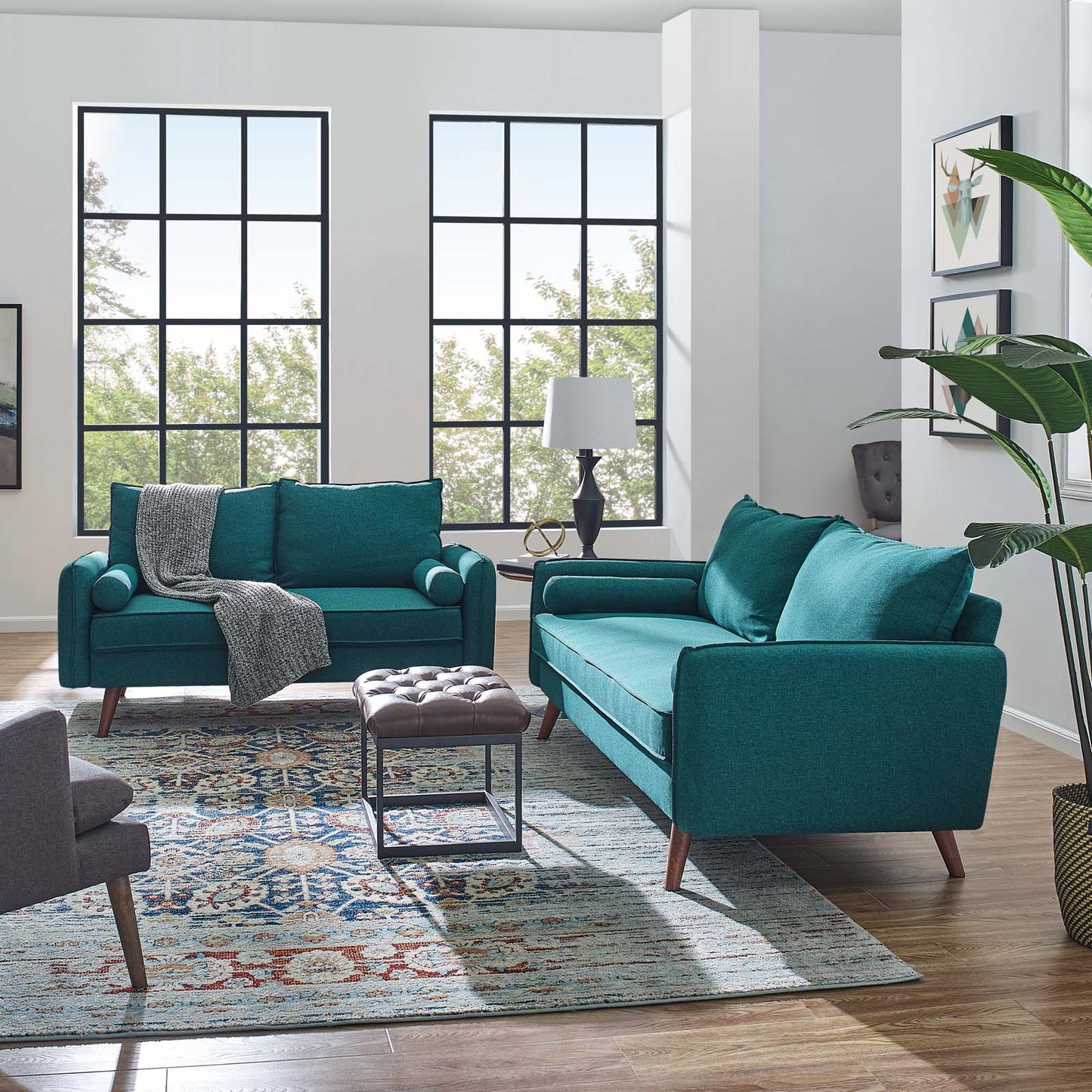 Revive Upholstered Fabric Sofa and Loveseat Set, Fabric, Teal Blue, 19137