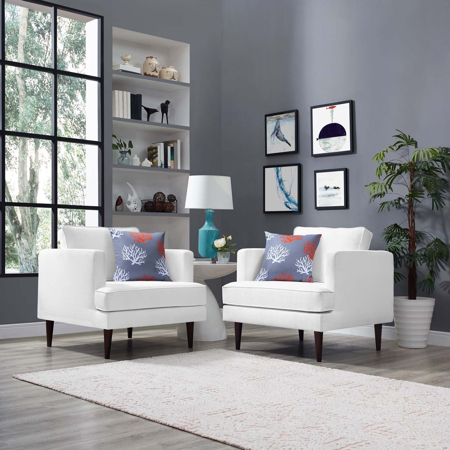 Agile Upholstered Fabric Armchair Set of 2, Fabric, White, 19148