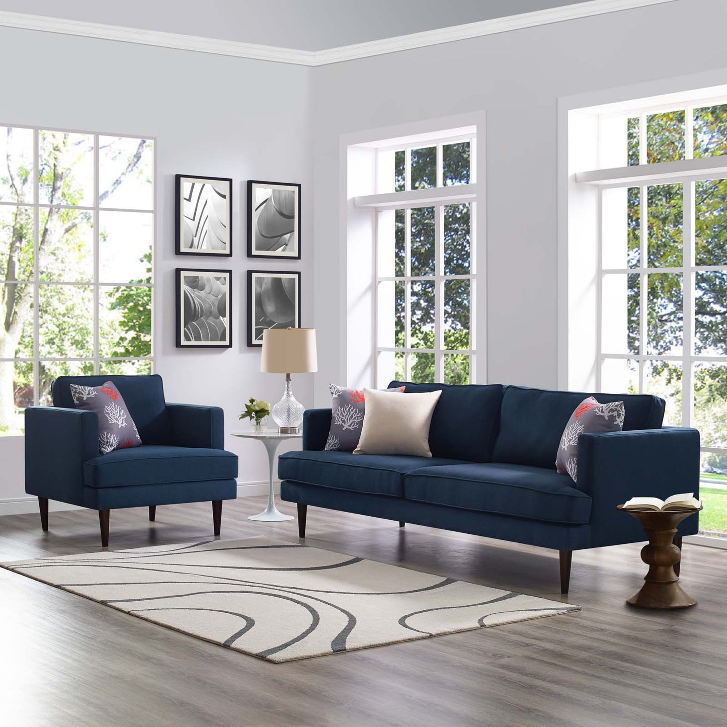 Agile Upholstered Fabric Sofa and Armchair Set, Fabric, Blue, 19149