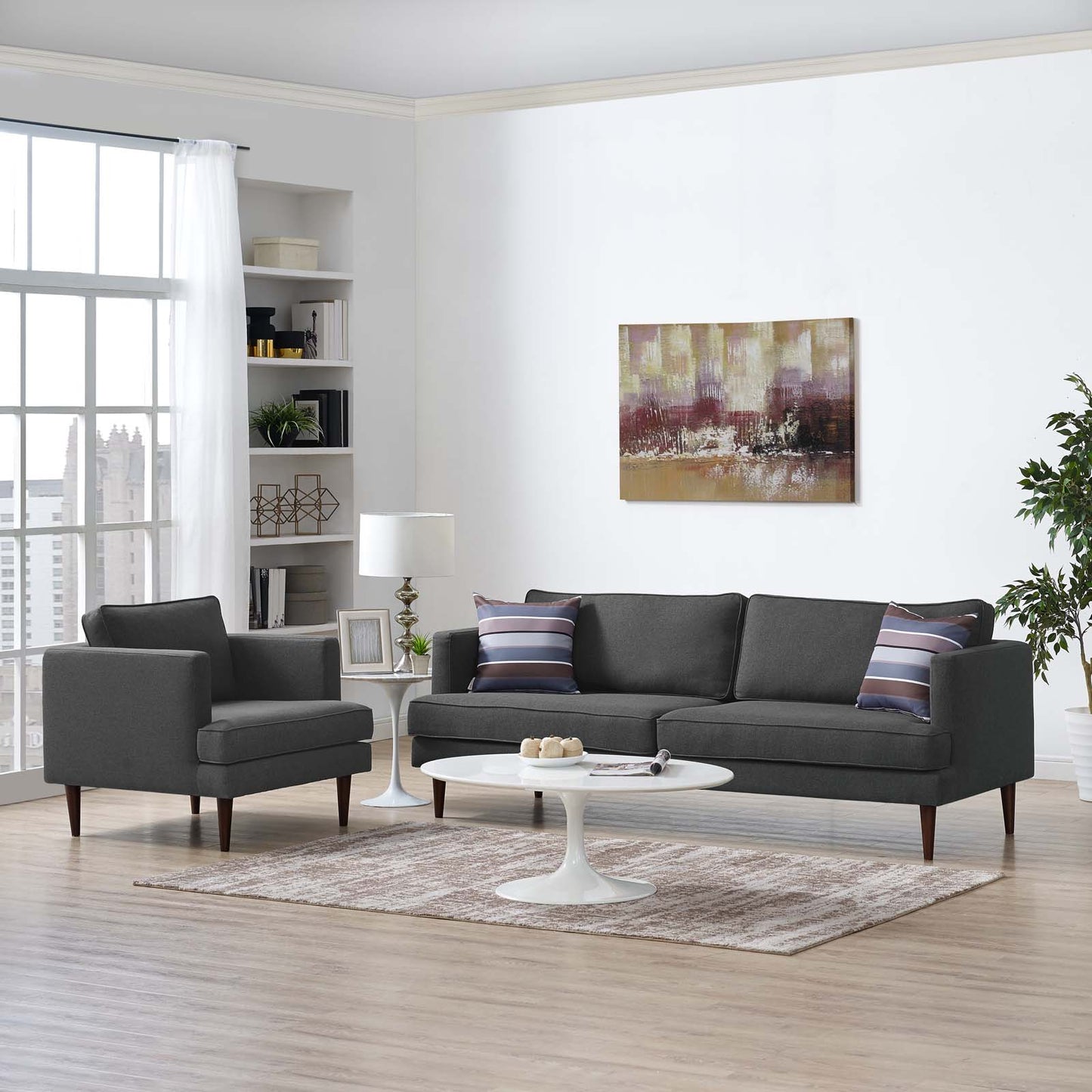 Agile Upholstered Fabric Sofa and Armchair Set, Fabric, Grey Gray, 19150