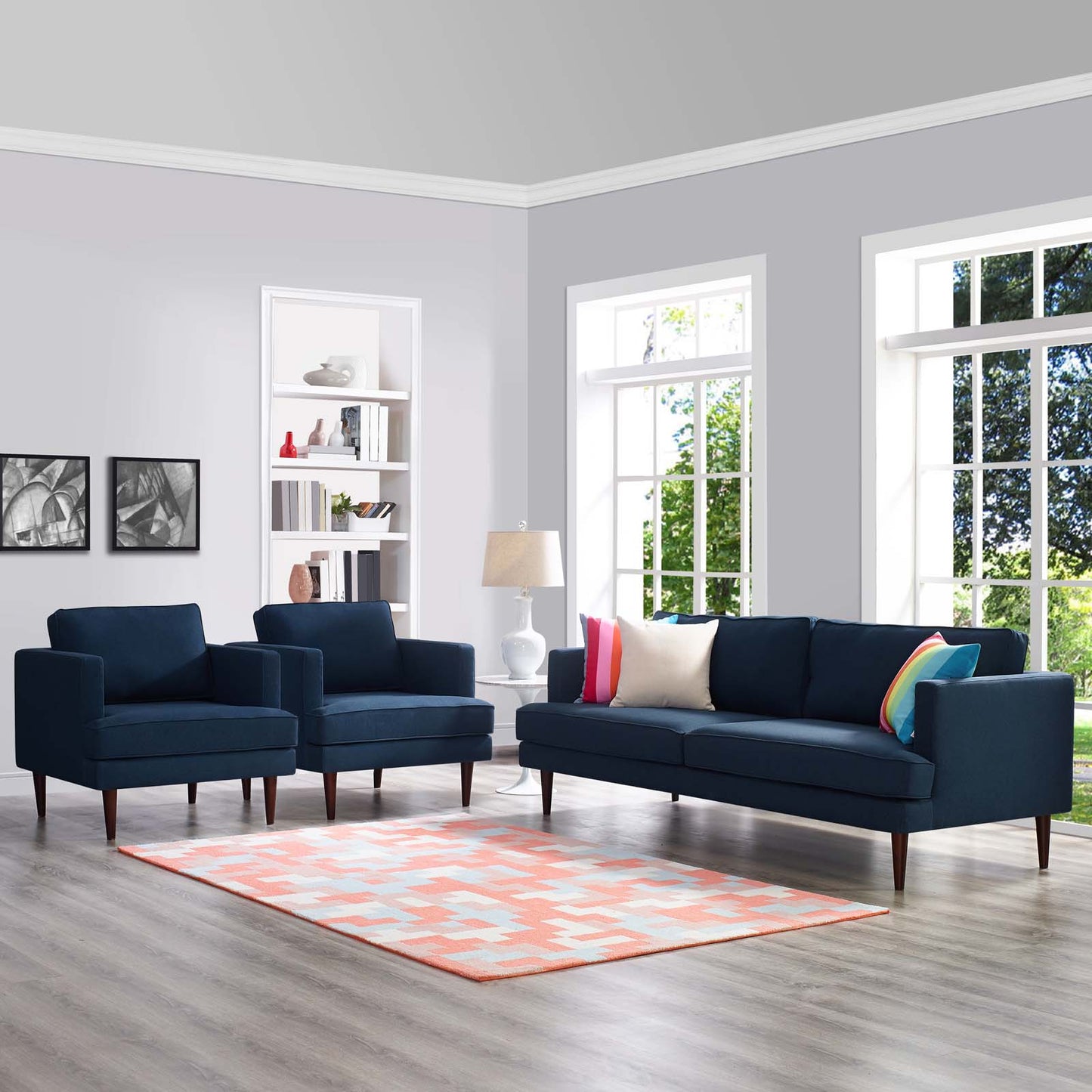 Agile 3 Piece Upholstered Fabric Set, Fabric, Blue, 19153