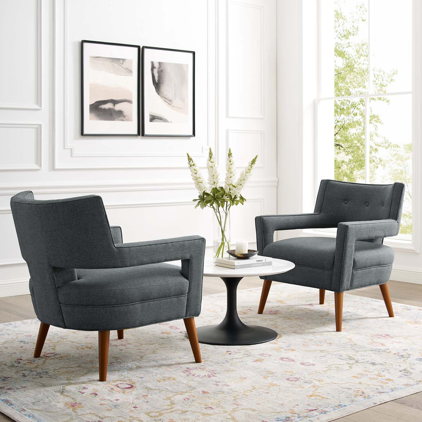 Sheer Upholstered Fabric Armchair Set of 2, Fabric, Grey Gray, 19158