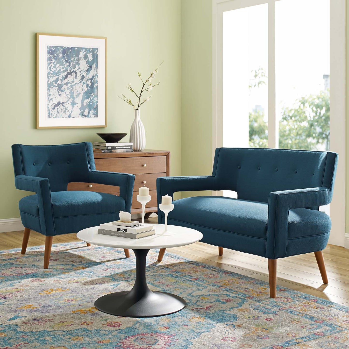 Sheer Upholstered Fabric Loveseat and Armchair Set, Fabric, Navy Blue, 19162