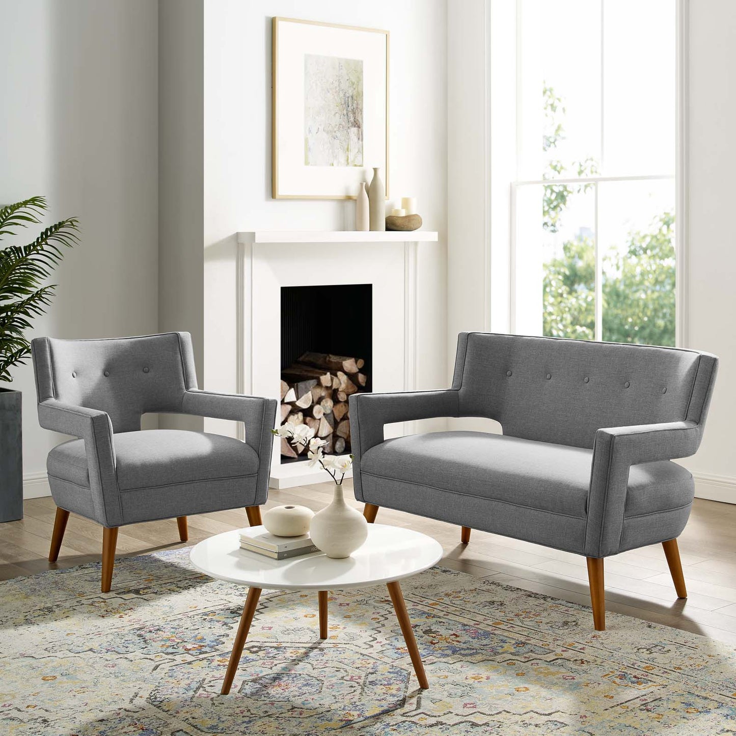 Sheer Upholstered Fabric Loveseat and Armchair Set, Fabric, Light Grey Gray, 19164