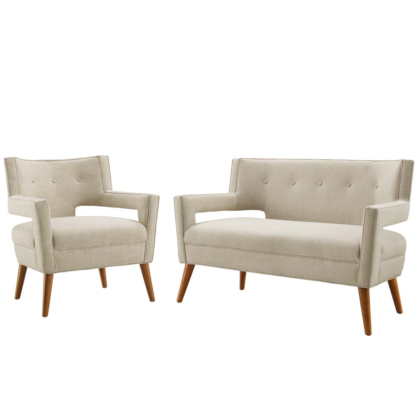 Sheer Upholstered Fabric Loveseat and Armchair Set, Fabric, Beige, 19165