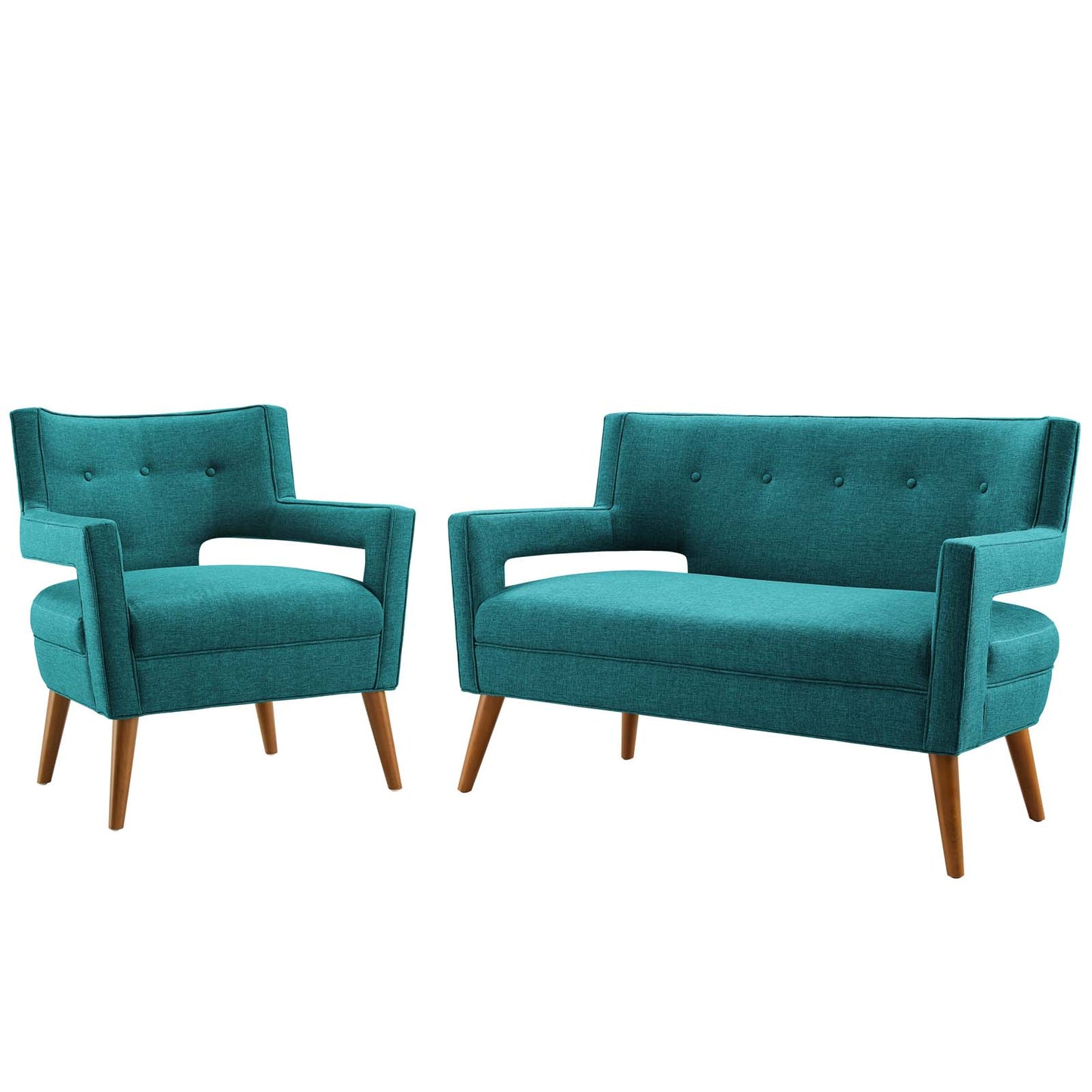 Sheer Upholstered Fabric Loveseat and Armchair Set, Fabric, Teal Blue, 19166