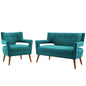 Sheer Upholstered Fabric Loveseat and Armchair Set, Fabric, Teal Blue, 19166