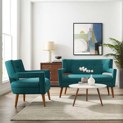 Sheer Upholstered Fabric Loveseat and Armchair Set, Fabric, Teal Blue, 19166