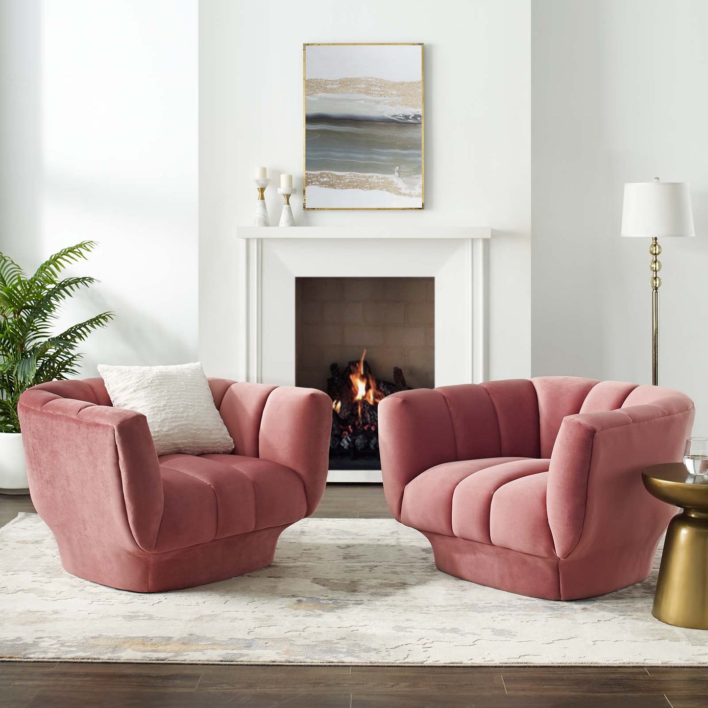 Entertain Vertical Channel Tufted Performance Velvet Armchair Set of 2, Velvet, Pink, 19172