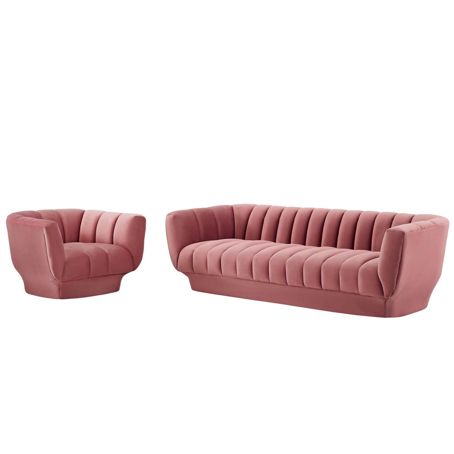 Entertain Vertical Channel Tufted Performance Velvet Sofa and Armchair Set, Velvet, Pink, 19176