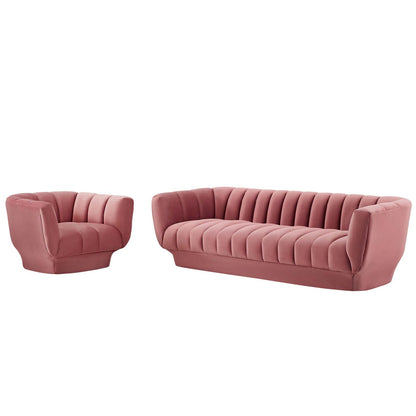 Entertain Vertical Channel Tufted Performance Velvet Sofa and Armchair Set, Velvet, Pink, 19176