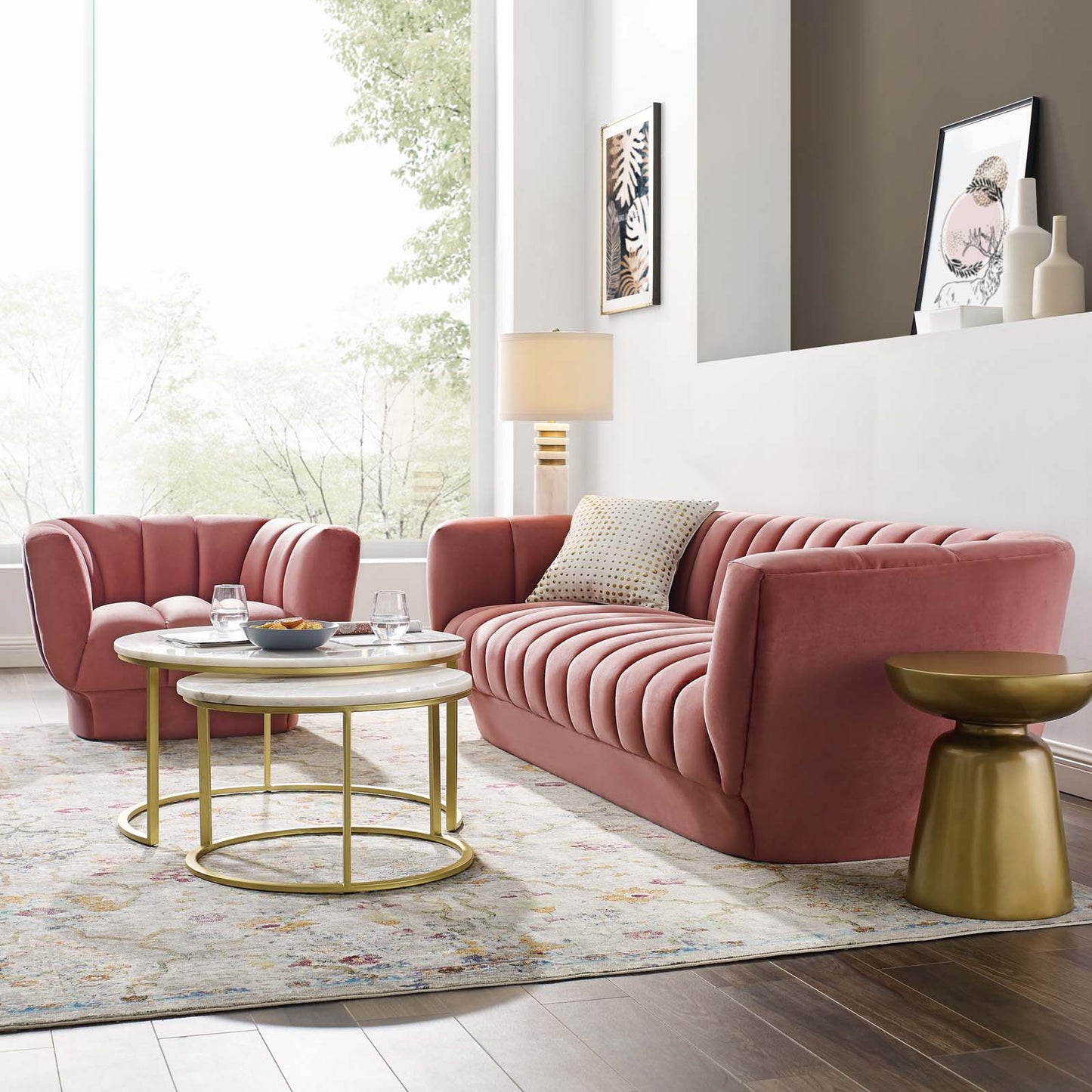 Entertain Vertical Channel Tufted Performance Velvet Sofa and Armchair Set, Velvet, Pink, 19176