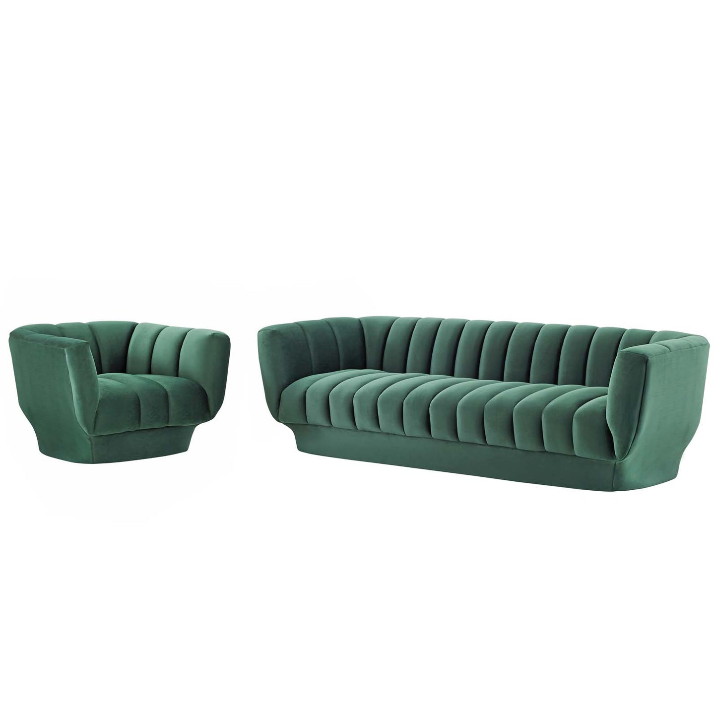 Entertain Vertical Channel Tufted Performance Velvet Sofa and Armchair Set, Velvet, Green, 19177
