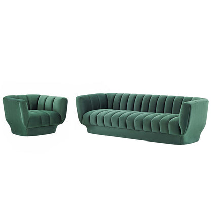 Entertain Vertical Channel Tufted Performance Velvet Sofa and Armchair Set, Velvet, Green, 19177