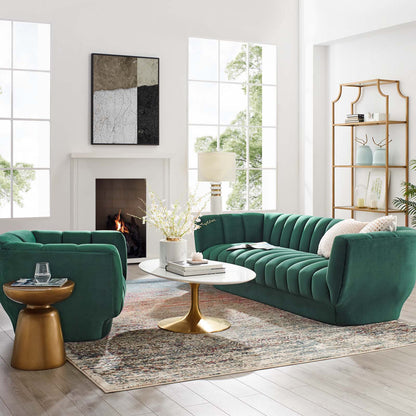 Entertain Vertical Channel Tufted Performance Velvet Sofa and Armchair Set, Velvet, Green, 19177