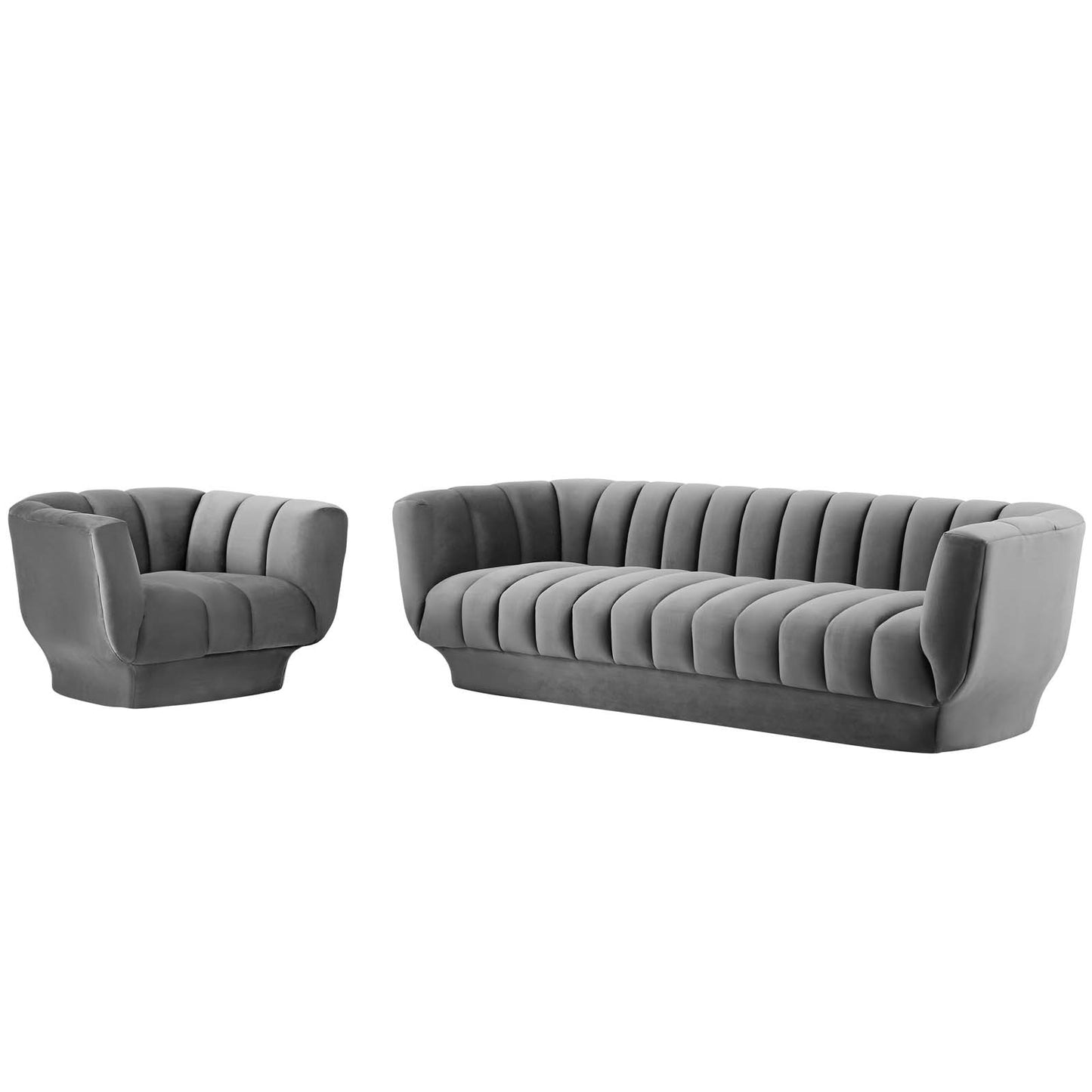 Entertain Vertical Channel Tufted Performance Velvet Sofa and Armchair Set, Velvet, Grey Gray, 19178