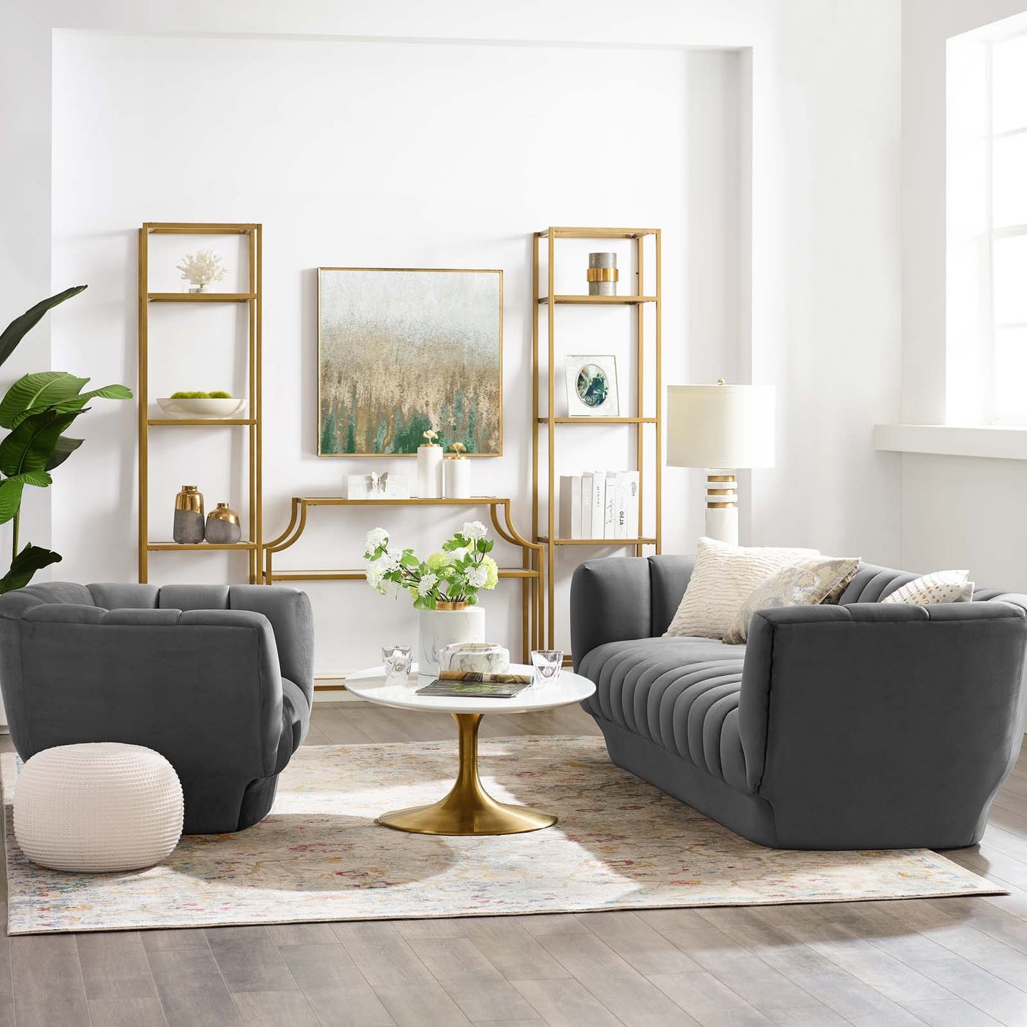 Entertain Vertical Channel Tufted Performance Velvet Sofa and Armchair Set, Velvet, Grey Gray, 19178