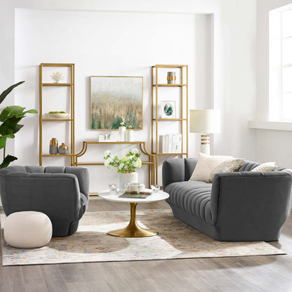 Entertain Vertical Channel Tufted Performance Velvet Sofa and Armchair Set, Velvet, Grey Gray, 19178