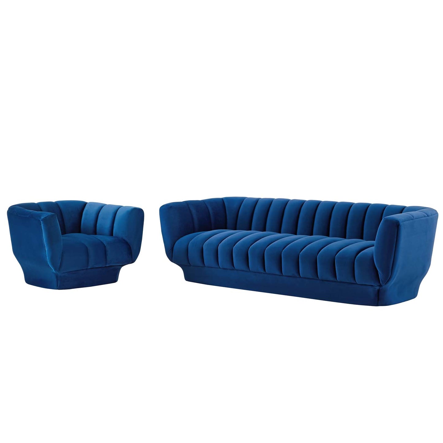 Entertain Vertical Channel Tufted Performance Velvet Sofa and Armchair Set, Velvet, Blue Navy, 19179