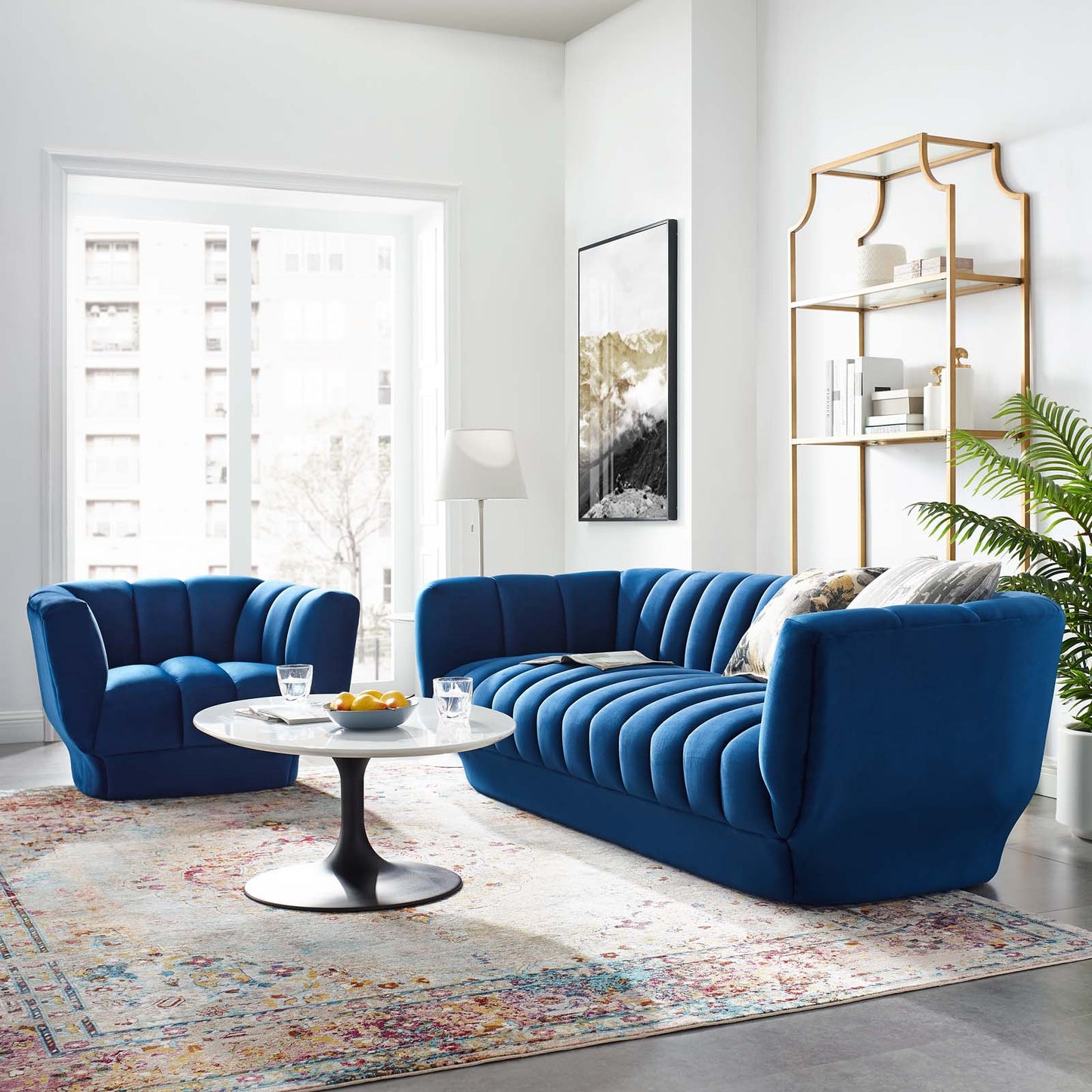Entertain Vertical Channel Tufted Performance Velvet Sofa and Armchair Set, Velvet, Blue Navy, 19179