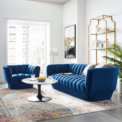 Entertain Vertical Channel Tufted Performance Velvet Sofa and Armchair Set, Velvet, Blue Navy, 19179